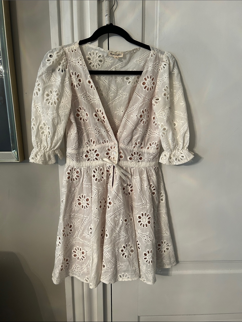 For Love & Lemons White Eyelet Tie-Waist Mini Dress